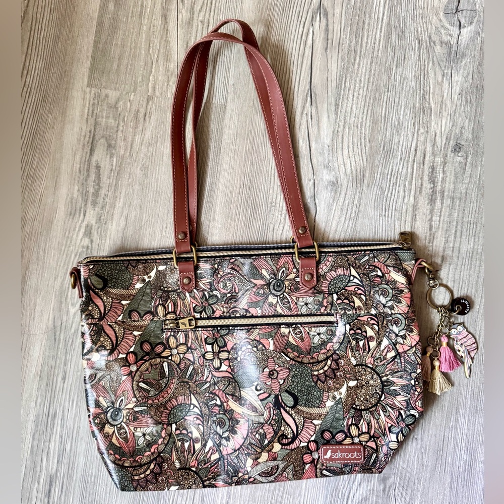 🦉👜 Sakroots Sienna Spirit Desert Cream Gray Floral Patterned Tote Owl Purse 🦉👜